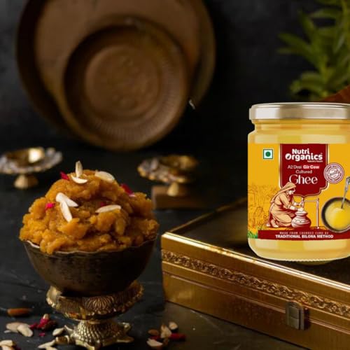 Nutri Organics Pure Desi A2 Cow Ghee 500ml | Bilona Curd Churned | Grass Fed Gir Cows | Glass Jar | Pure Aroma, Natural & Healthy Danedar Ghee| Lab Tested