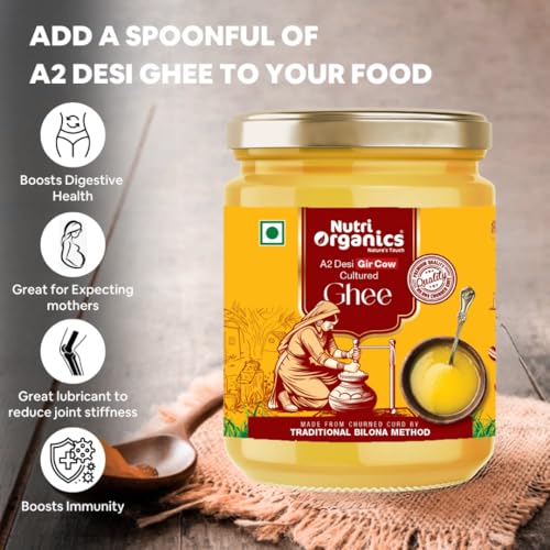 Nutri Organics Pure Desi A2 Cow Ghee 500ml | Bilona Curd Churned | Grass Fed Gir Cows | Glass Jar | Pure Aroma, Natural & Healthy Danedar Ghee| Lab Tested
