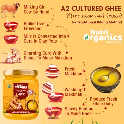 Nutri Organics Pure Desi A2 Cow Ghee 500ml | Bilona Curd Churned | Grass Fed Gir Cows | Glass Jar | Pure Aroma, Natural & Healthy Danedar Ghee| Lab Tested